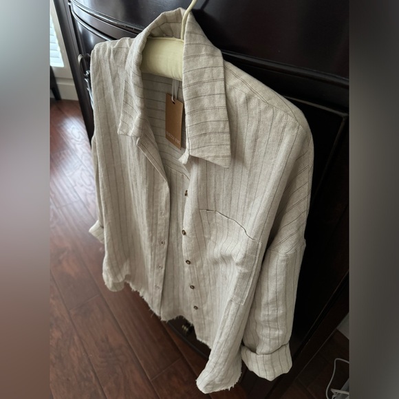 Rebecca King one-of-a-kind sample oatmeal linen stripe button down shirt top - Picture 3 of 10